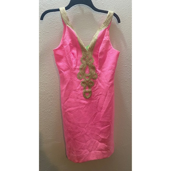 Lilly Pulitzer Emery Shift Dress Women's Size 0 Pink Gold Embellished V Neck - Picture 6 of 13